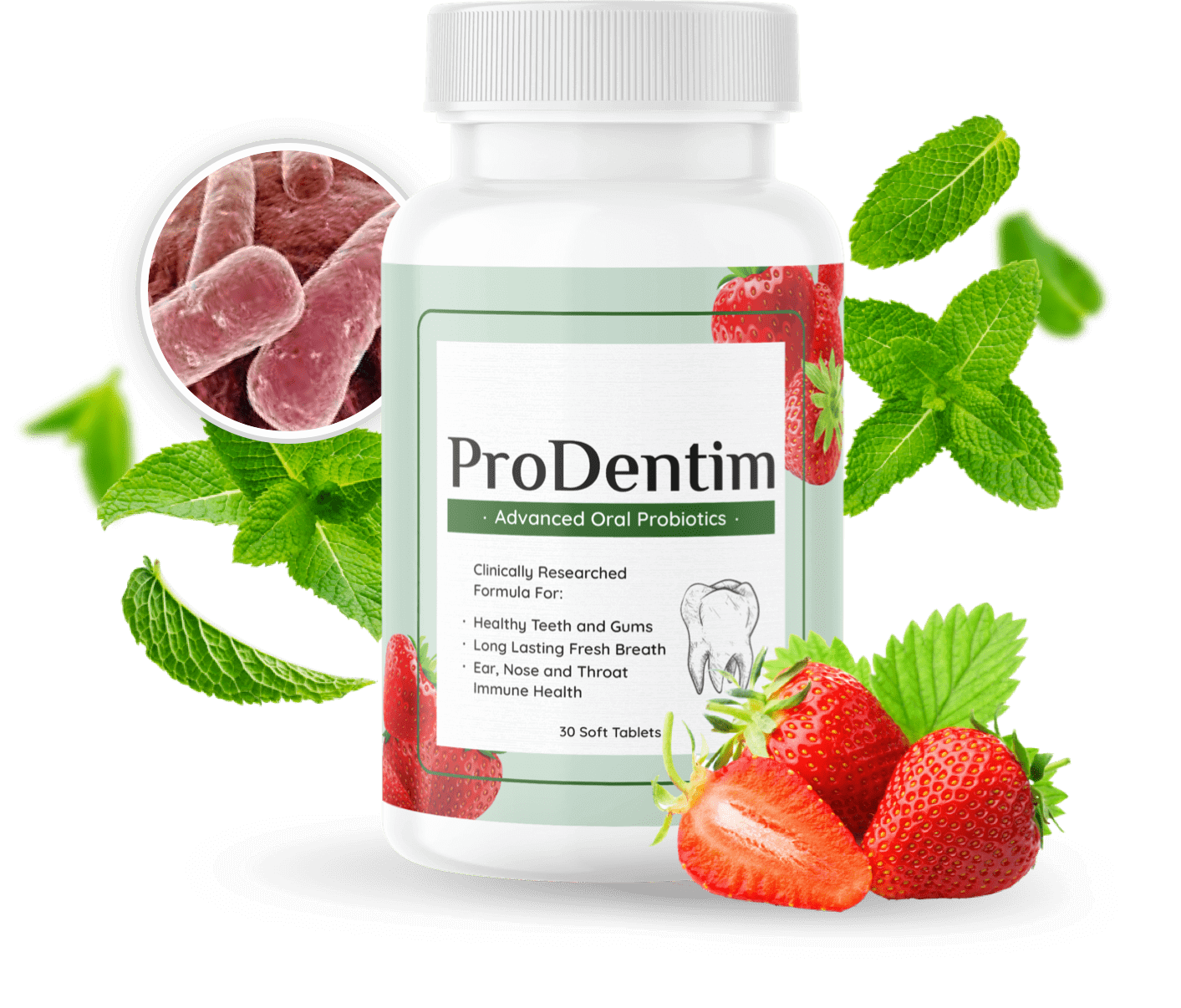 ProDentim Advanced Oral Probiotics bottle with strawberries, mint and probiotic strains